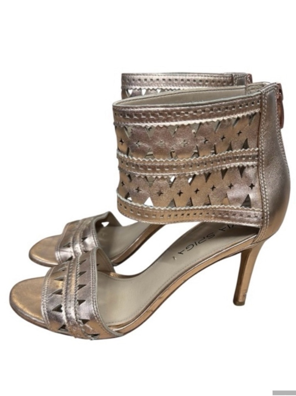 VIA SPIGA Heels Open Toe Pink Shimmery Leather Cutouts Sz. 7 M Stiletto Shoe